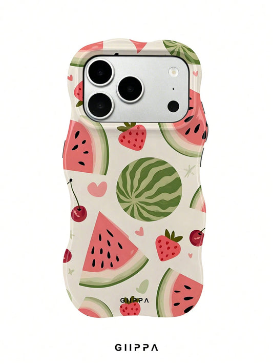 GIIPPA 1pc Apricot Base With Watermelon And Strawberry Pattern Design, Phone 17 Pro Max Wavy Phone Case, Compatible With Phone 16 Pro Max, 15 Pro Max, 14 Pro Max, 11/12/13/14/15/16 Pro Max Plus, Korea