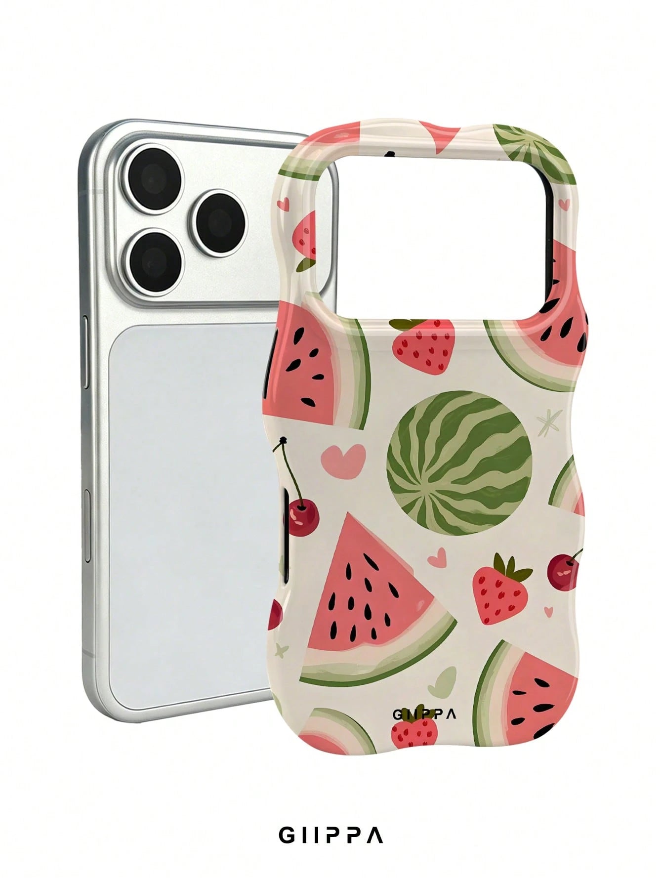 GIIPPA 1pc Apricot Base With Watermelon And Strawberry Pattern Design, Phone 17 Pro Max Wavy Phone Case, Compatible With Phone 16 Pro Max, 15 Pro Max, 14 Pro Max, 11/12/13/14/15/16 Pro Max Plus, Korea