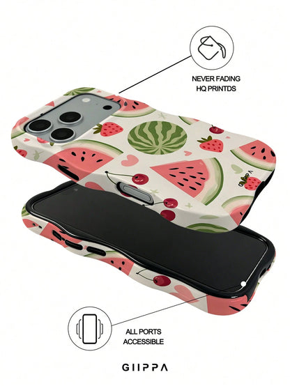 GIIPPA 1pc Apricot Base With Watermelon And Strawberry Pattern Design, Phone 17 Pro Max Wavy Phone Case, Compatible With Phone 16 Pro Max, 15 Pro Max, 14 Pro Max, 11/12/13/14/15/16 Pro Max Plus, Korea