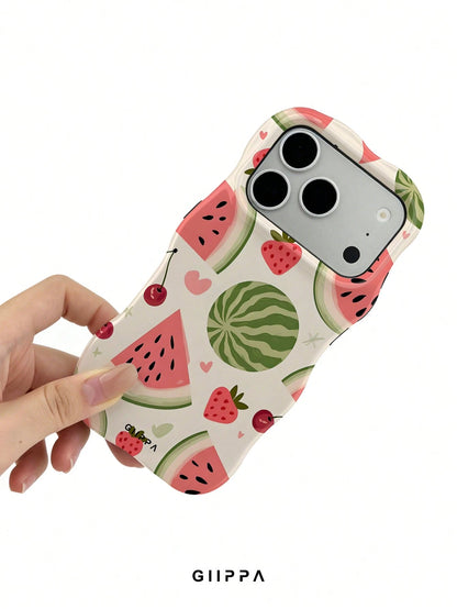 GIIPPA 1pc Apricot Base With Watermelon And Strawberry Pattern Design, Phone 17 Pro Max Wavy Phone Case, Compatible With Phone 16 Pro Max, 15 Pro Max, 14 Pro Max, 11/12/13/14/15/16 Pro Max Plus, Korea