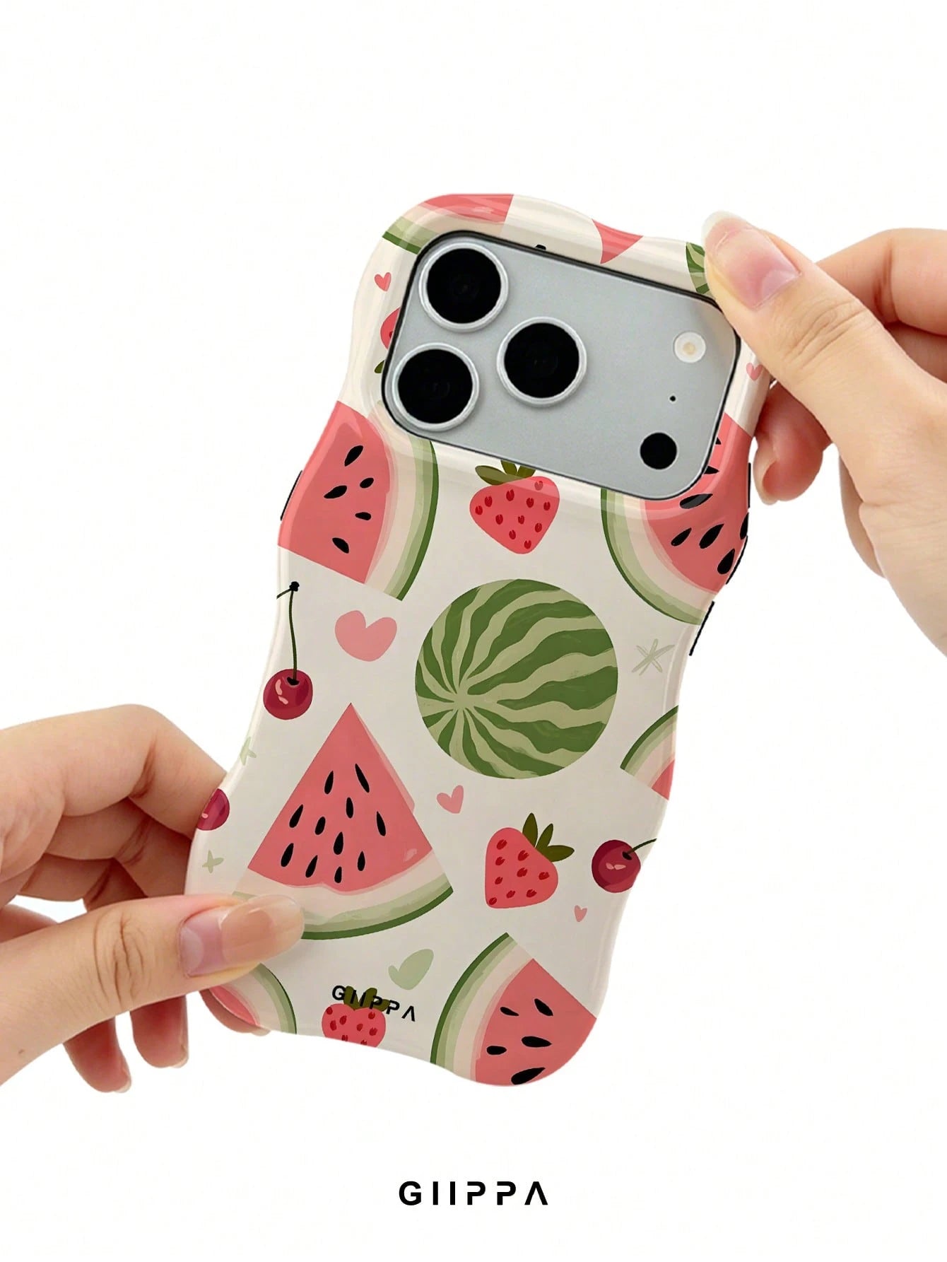 GIIPPA 1pc Apricot Base With Watermelon And Strawberry Pattern Design, Phone 17 Pro Max Wavy Phone Case, Compatible With Phone 16 Pro Max, 15 Pro Max, 14 Pro Max, 11/12/13/14/15/16 Pro Max Plus, Korea