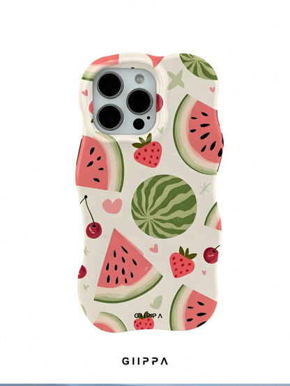 GIIPPA 1pc Apricot Base With Watermelon And Strawberry Pattern Design, Phone 17 Pro Max Wavy Phone Case, Compatible With Phone 16 Pro Max, 15 Pro Max, 14 Pro Max, 11/12/13/14/15/16 Pro Max Plus, Korea