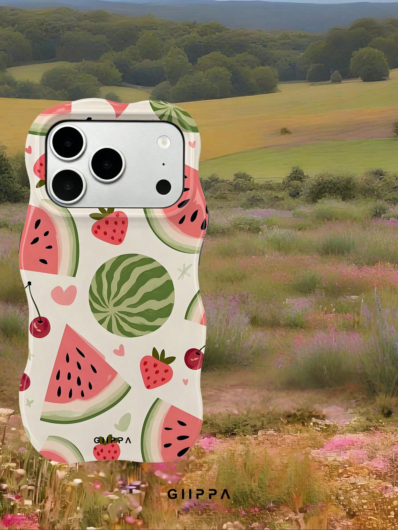 GIIPPA 1pc Apricot Base With Watermelon And Strawberry Pattern Design, Phone 17 Pro Max Wavy Phone Case, Compatible With Phone 16 Pro Max, 15 Pro Max, 14 Pro Max, 11/12/13/14/15/16 Pro Max Plus, Korea