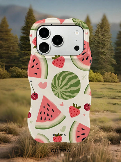 GIIPPA 1pc Apricot Base With Watermelon And Strawberry Pattern Design, Phone 17 Pro Max Wavy Phone Case, Compatible With Phone 16 Pro Max, 15 Pro Max, 14 Pro Max, 11/12/13/14/15/16 Pro Max Plus, Korea