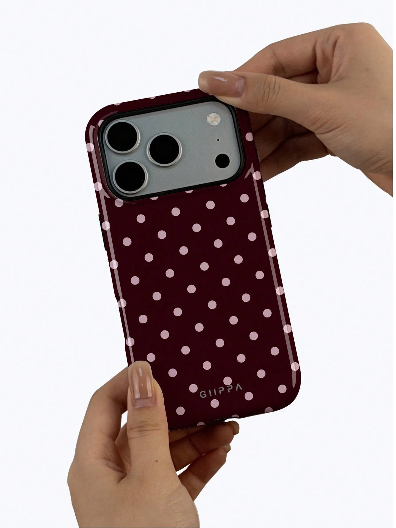 GIIPPA 1pc Burgundy Background With Pink Polka Dot Pattern Design, Phone 17 Pro Max Phone Case, Compatible With Phone 16 Pro Max, 15 Pro Max, 14 Pro Max, Korean-Style High-End Fashionable And Fun Phon