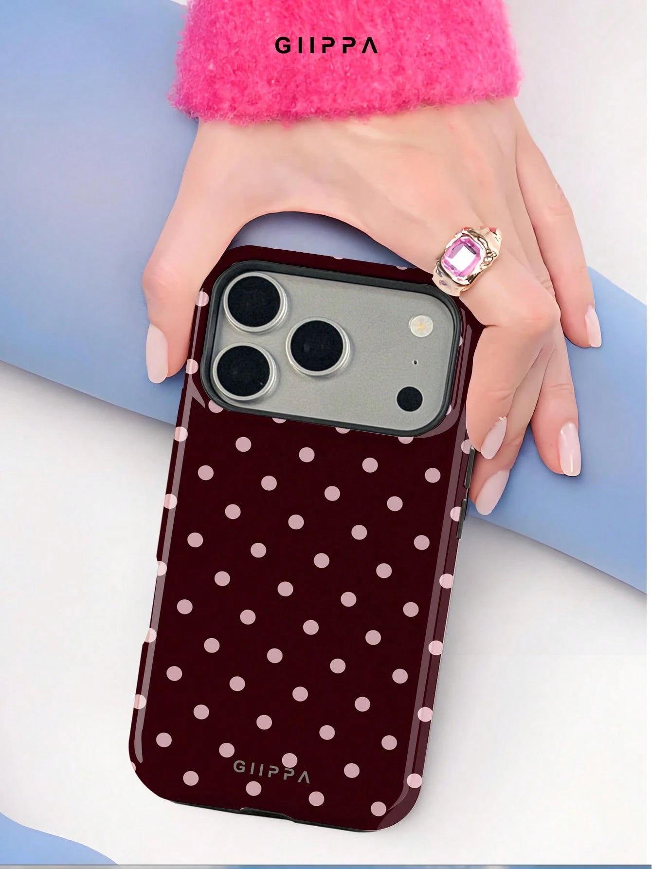 GIIPPA 1pc Burgundy Background With Pink Polka Dot Pattern Design, Phone 17 Pro Max Phone Case, Compatible With Phone 16 Pro Max, 15 Pro Max, 14 Pro Max, Korean-Style High-End Fashionable And Fun Phon