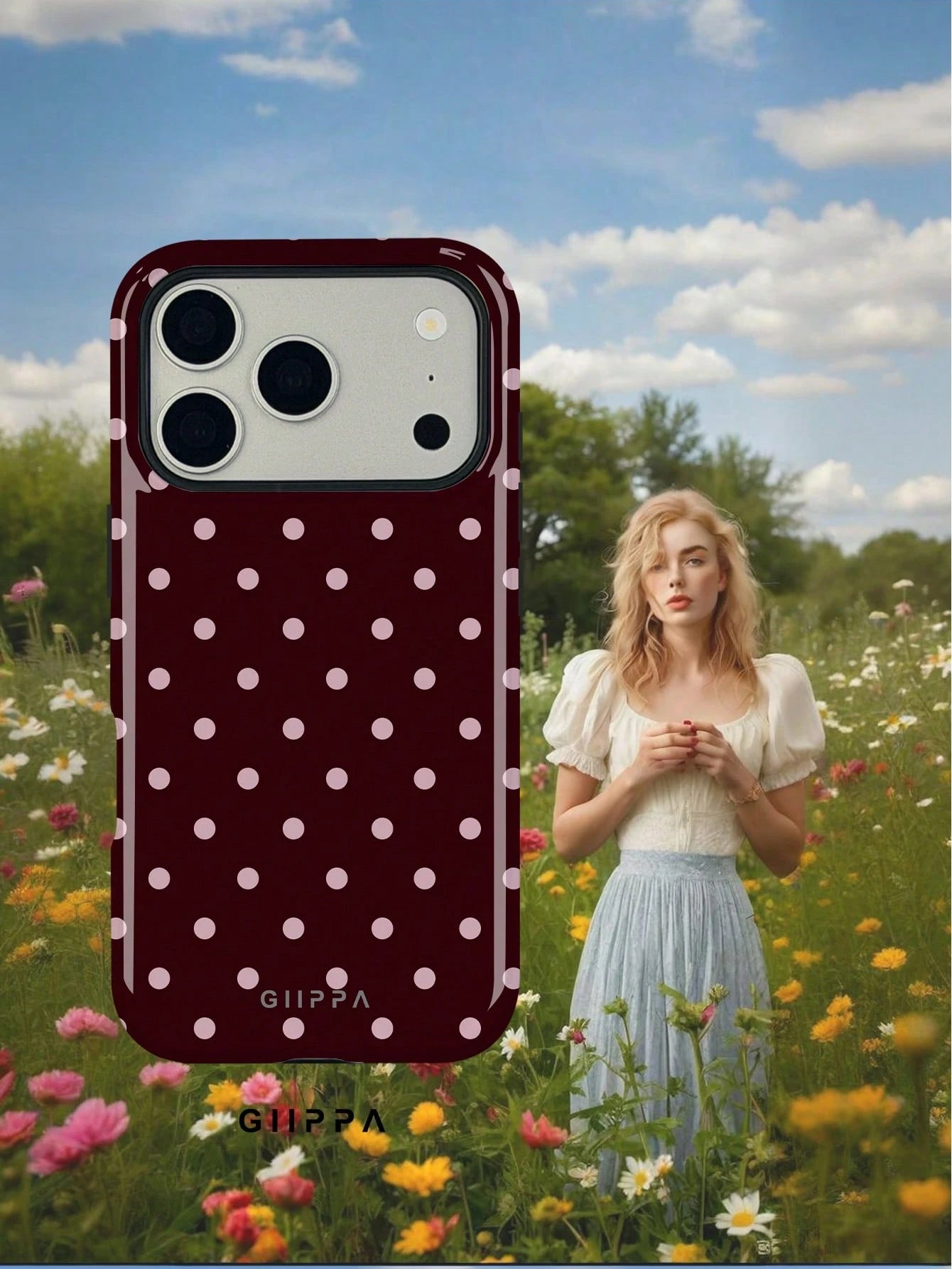 GIIPPA 1pc Burgundy Background With Pink Polka Dot Pattern Design, Phone 17 Pro Max Phone Case, Compatible With Phone 16 Pro Max, 15 Pro Max, 14 Pro Max, Korean-Style High-End Fashionable And Fun Phon