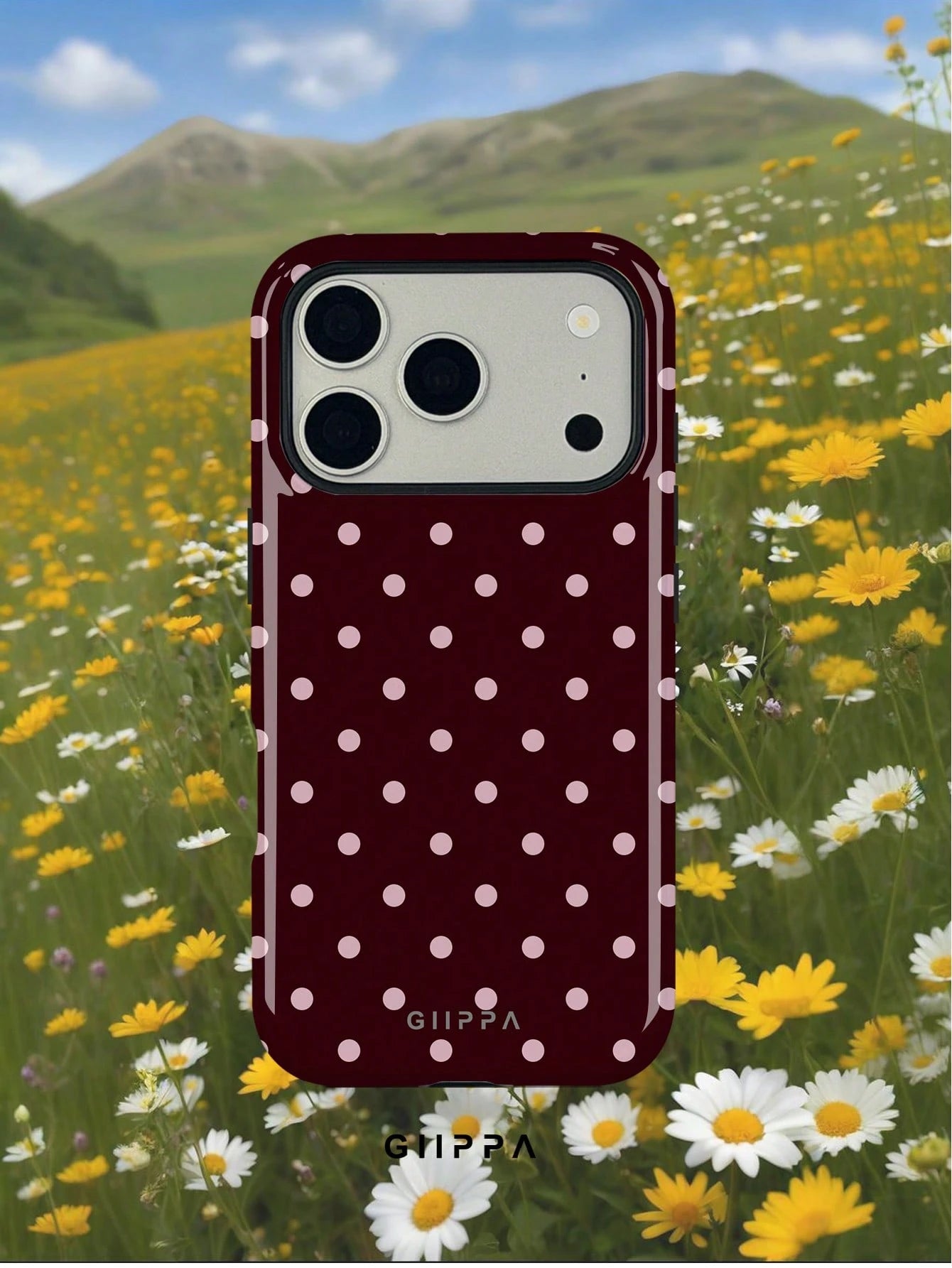 GIIPPA 1pc Burgundy Background With Pink Polka Dot Pattern Design, Phone 17 Pro Max Phone Case, Compatible With Phone 16 Pro Max, 15 Pro Max, 14 Pro Max, Korean-Style High-End Fashionable And Fun Phon