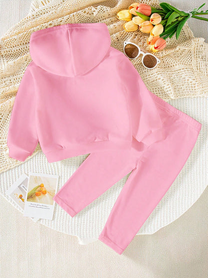 Girls Cute Bow Print Fleece Hoodie, Baby Girls Casual Minimalist Colorblock Striped Hooded Sweatshirt And Slim Fit Colorblock Leggings Set, Suitable For Autumn/Winter All Seasons, Back To School