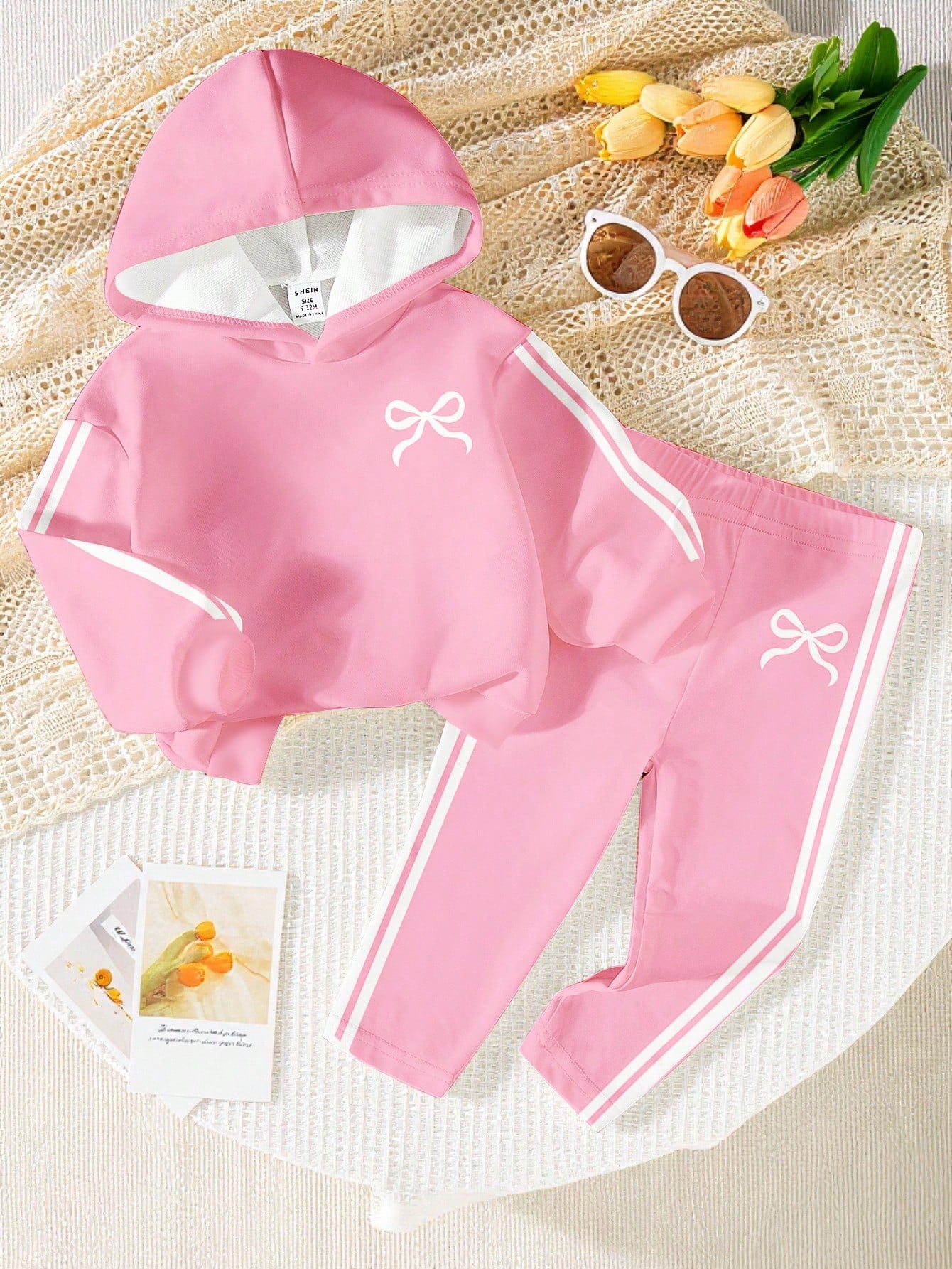 Girls Cute Bow Print Fleece Hoodie, Baby Girls Casual Minimalist Colorblock Striped Hooded Sweatshirt And Slim Fit Colorblock Leggings Set, Suitable For Autumn/Winter All Seasons, Back To School