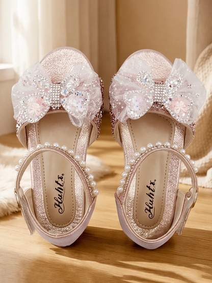 Girls Pink Gold Rhinestone Mesh Bow Princess Sandals Pearl Open Toe Non Slip Block Heel Flat School Party Birthday Performance Shoes