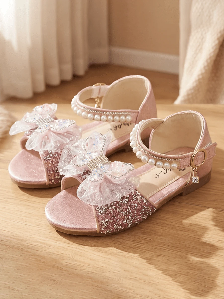 Girls Pink Gold Rhinestone Mesh Bow Princess Sandals Pearl Open Toe Non Slip Block Heel Flat School Party Birthday Performance Shoes