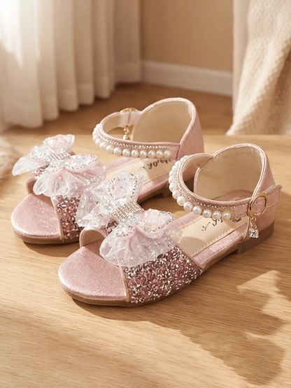Girls Pink Gold Rhinestone Mesh Bow Princess Sandals Pearl Open Toe Non Slip Block Heel Flat School Party Birthday Performance Shoes