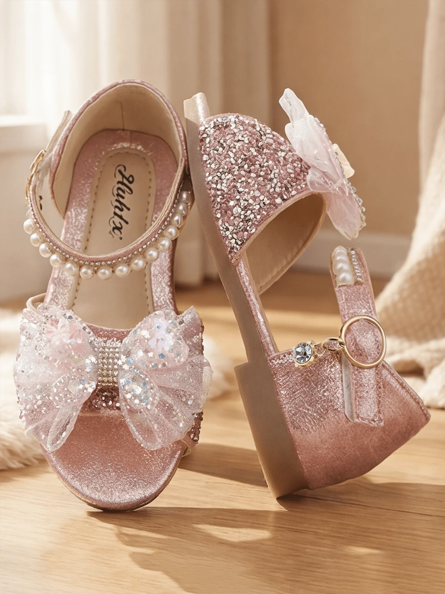Girls Pink Gold Rhinestone Mesh Bow Princess Sandals Pearl Open Toe Non Slip Block Heel Flat School Party Birthday Performance Shoes