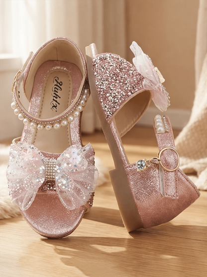 Girls Pink Gold Rhinestone Mesh Bow Princess Sandals Pearl Open Toe Non Slip Block Heel Flat School Party Birthday Performance Shoes