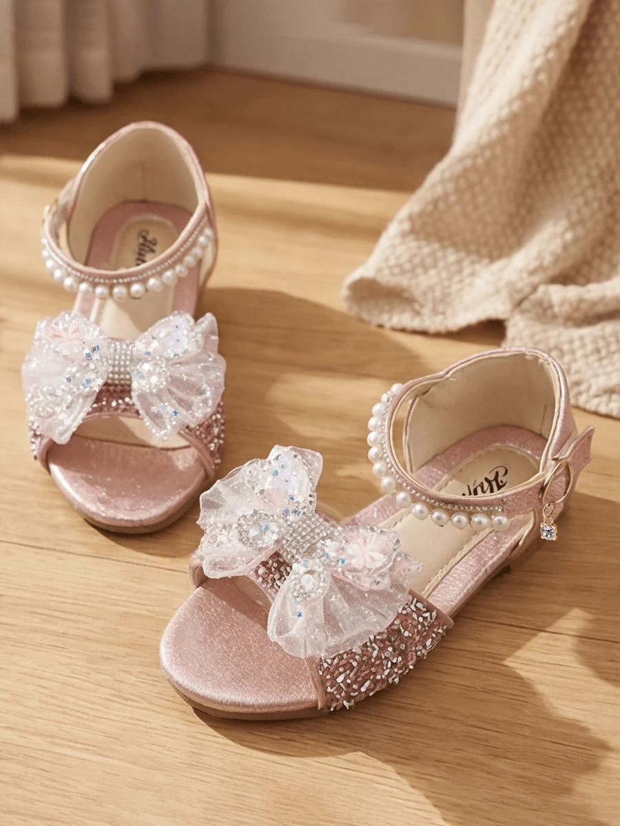 Girls Pink Gold Rhinestone Mesh Bow Princess Sandals Pearl Open Toe Non Slip Block Heel Flat School Party Birthday Performance Shoes