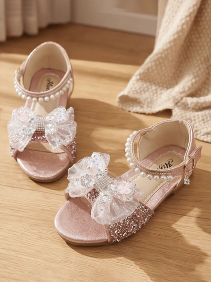 Girls Pink Gold Rhinestone Mesh Bow Princess Sandals Pearl Open Toe Non Slip Block Heel Flat School Party Birthday Performance Shoes