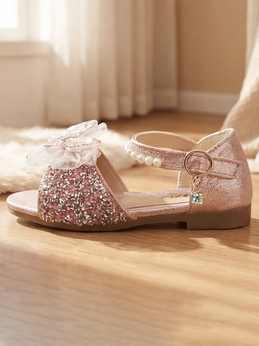 Girls Pink Gold Rhinestone Mesh Bow Princess Sandals Pearl Open Toe Non Slip Block Heel Flat School Party Birthday Performance Shoes