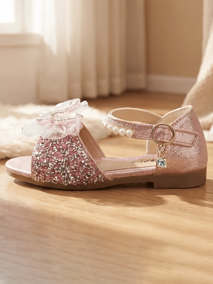 Girls Pink Gold Rhinestone Mesh Bow Princess Sandals Pearl Open Toe Non Slip Block Heel Flat School Party Birthday Performance Shoes
