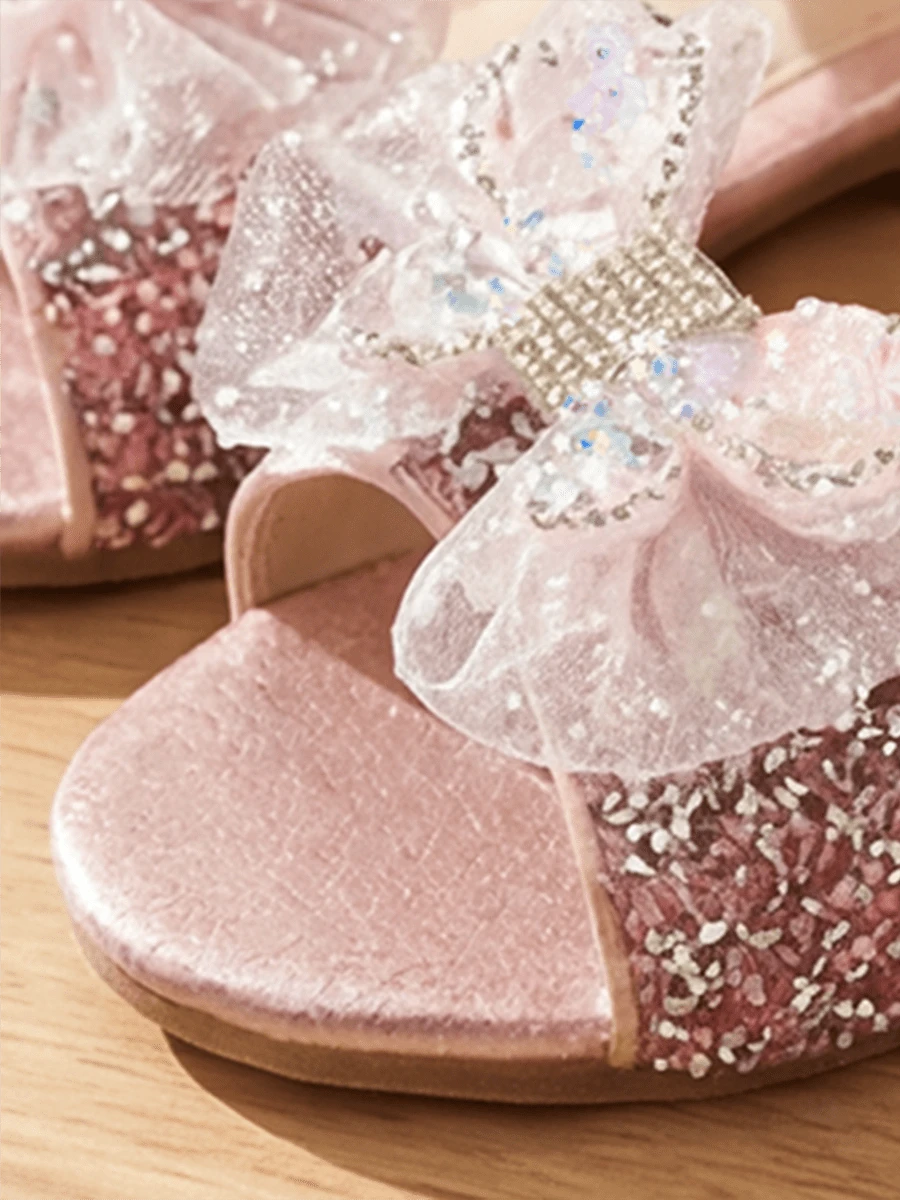 Girls Pink Gold Rhinestone Mesh Bow Princess Sandals Pearl Open Toe Non Slip Block Heel Flat School Party Birthday Performance Shoes