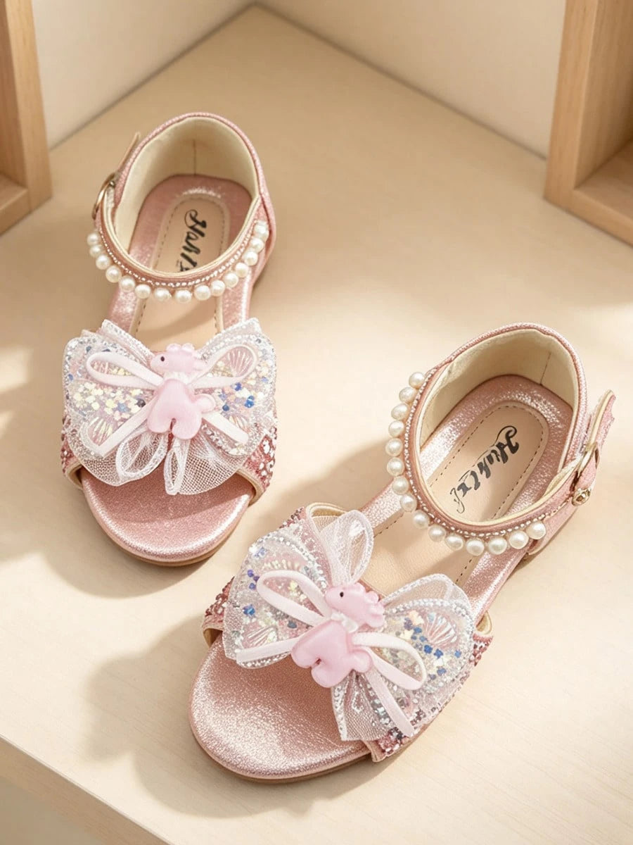 Girls Pink Gold Rhinestone Mesh Bow Princess Sandals Pearl Open Toe Non Slip Block Heel Flat School Party Birthday Performance Shoes