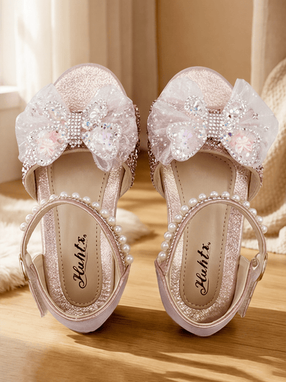 Girls Pink Gold Rhinestone Mesh Bow Princess Sandals Pearl Open Toe Non Slip Block Heel Flat School Party Birthday Performance Shoes