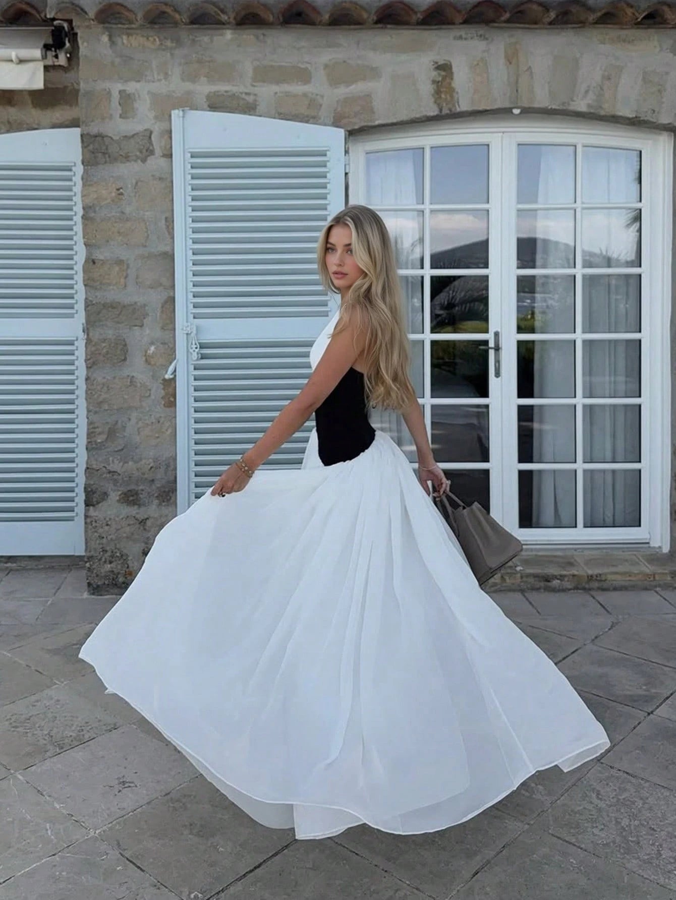 Glamful Elegant Young Casual Daily Date Commute Black & White Color Block A-Line Backless Halter Neck Patchwork Deep V-Neck Long Dress, Long Summer Dress For Women, Elegant Dresses For Party, Elegant