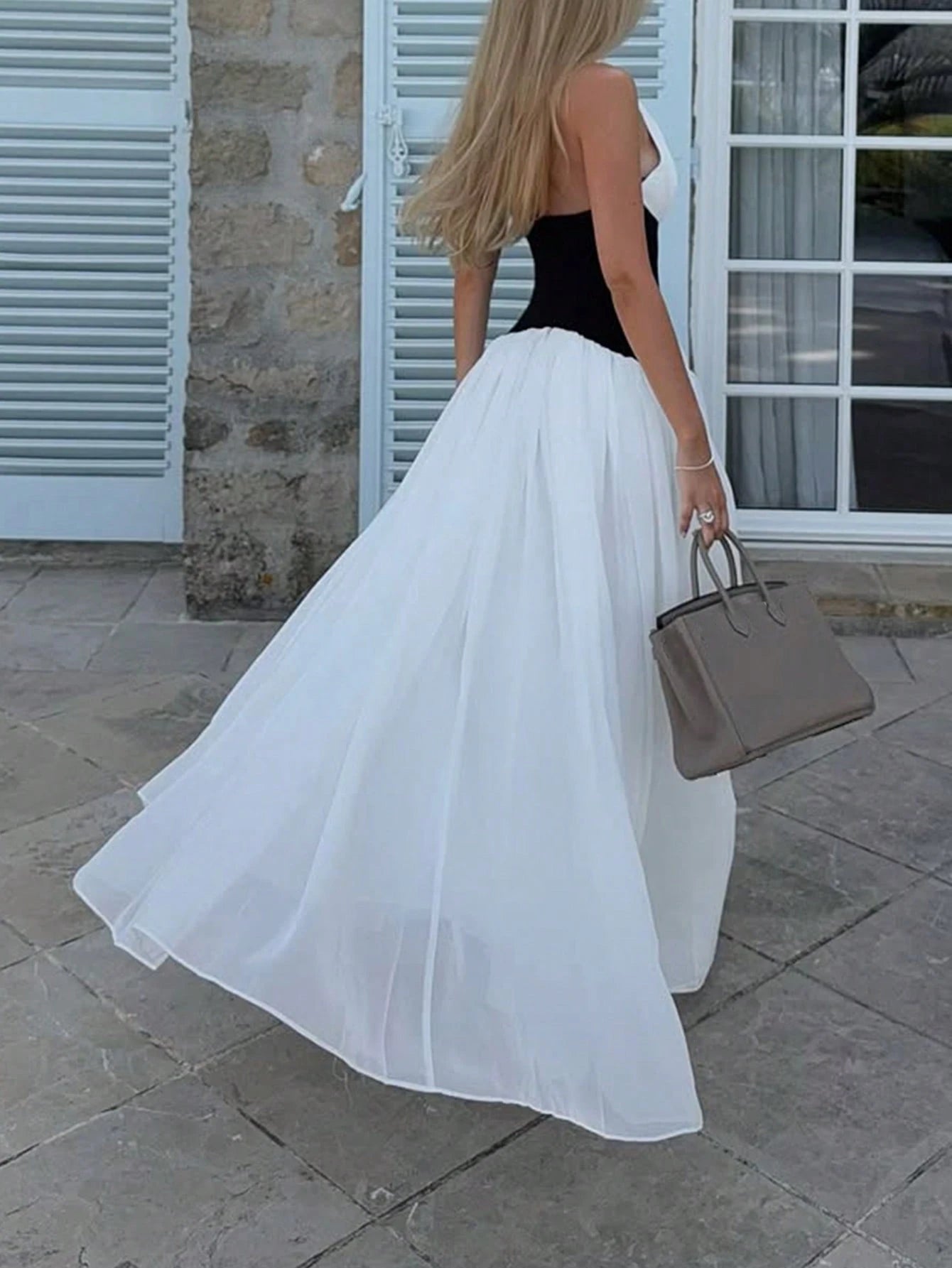Glamful Elegant Young Casual Daily Date Commute Black & White Color Block A-Line Backless Halter Neck Patchwork Deep V-Neck Long Dress, Long Summer Dress For Women, Elegant Dresses For Party, Elegant