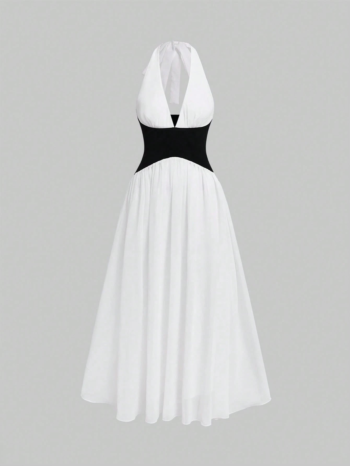 Glamful Elegant Young Casual Daily Date Commute Black & White Color Block A-Line Backless Halter Neck Patchwork Deep V-Neck Long Dress, Long Summer Dress For Women, Elegant Dresses For Party, Elegant