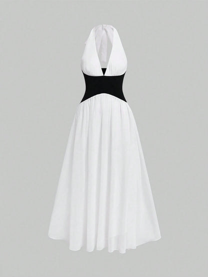 Glamful Elegant Young Casual Daily Date Commute Black & White Color Block A-Line Backless Halter Neck Patchwork Deep V-Neck Long Dress, Long Summer Dress For Women, Elegant Dresses For Party, Elegant