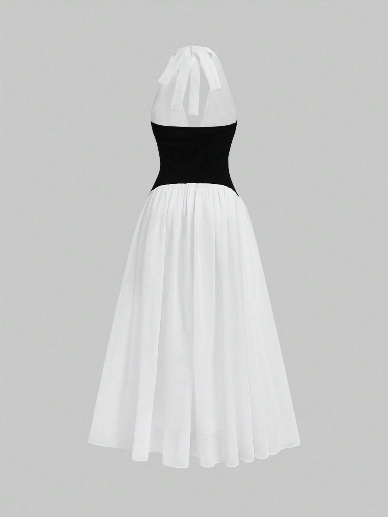 Glamful Elegant Young Casual Daily Date Commute Black & White Color Block A-Line Backless Halter Neck Patchwork Deep V-Neck Long Dress, Long Summer Dress For Women, Elegant Dresses For Party, Elegant