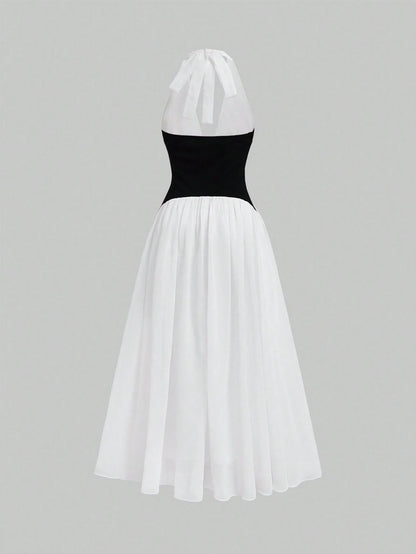 Glamful Elegant Young Casual Daily Date Commute Black & White Color Block A-Line Backless Halter Neck Patchwork Deep V-Neck Long Dress, Long Summer Dress For Women, Elegant Dresses For Party, Elegant