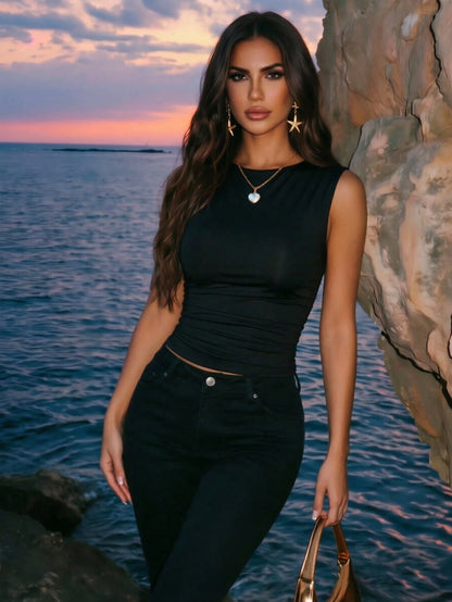 Glamine Casual Solid Color Ruched Slim Fit Tank Top For Summer