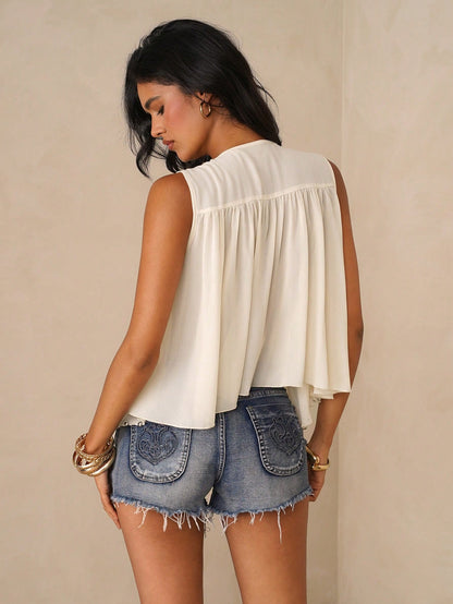 Glamine Women's White Summer Boho Sequin Holiday Vacation Holiday Sleeveless Top, Western Cowboy Double Layer Asymmetric Hem Front Tie Rivet Crop Shirt, Y2K