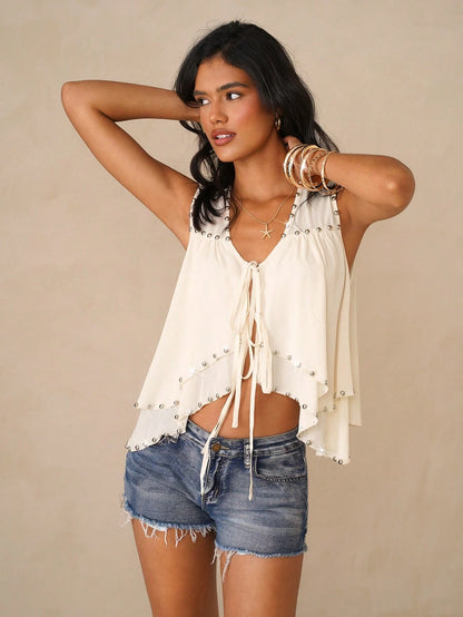 Glamine Women's White Summer Boho Sequin Holiday Vacation Holiday Sleeveless Top, Western Cowboy Double Layer Asymmetric Hem Front Tie Rivet Crop Shirt, Y2K