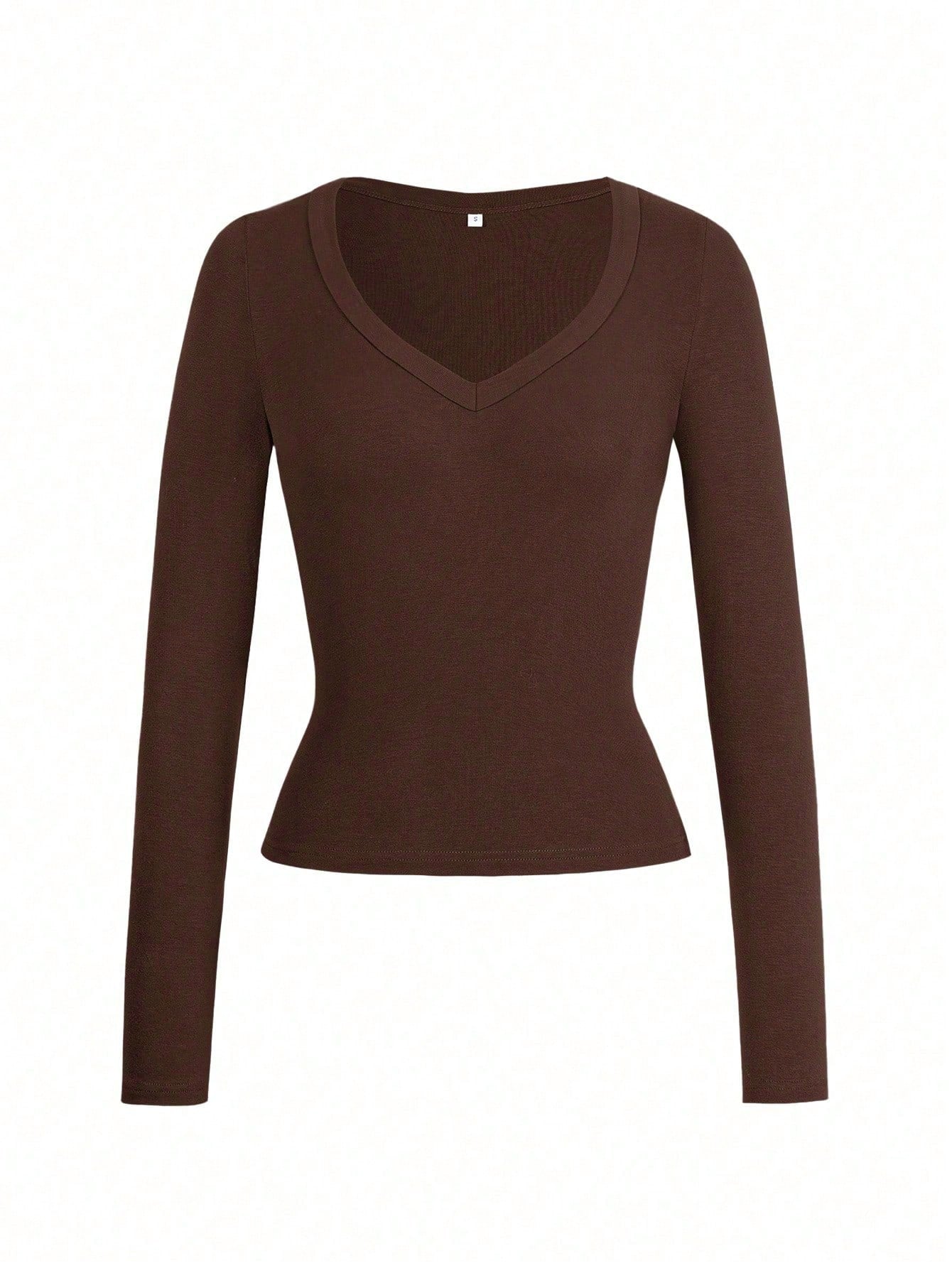 GLAMSKIN Women's Summer/Autumn Basic Striped Color Block Trim V-Neck Long Sleeve Top, Back To School/Outing/Streetwear Brown