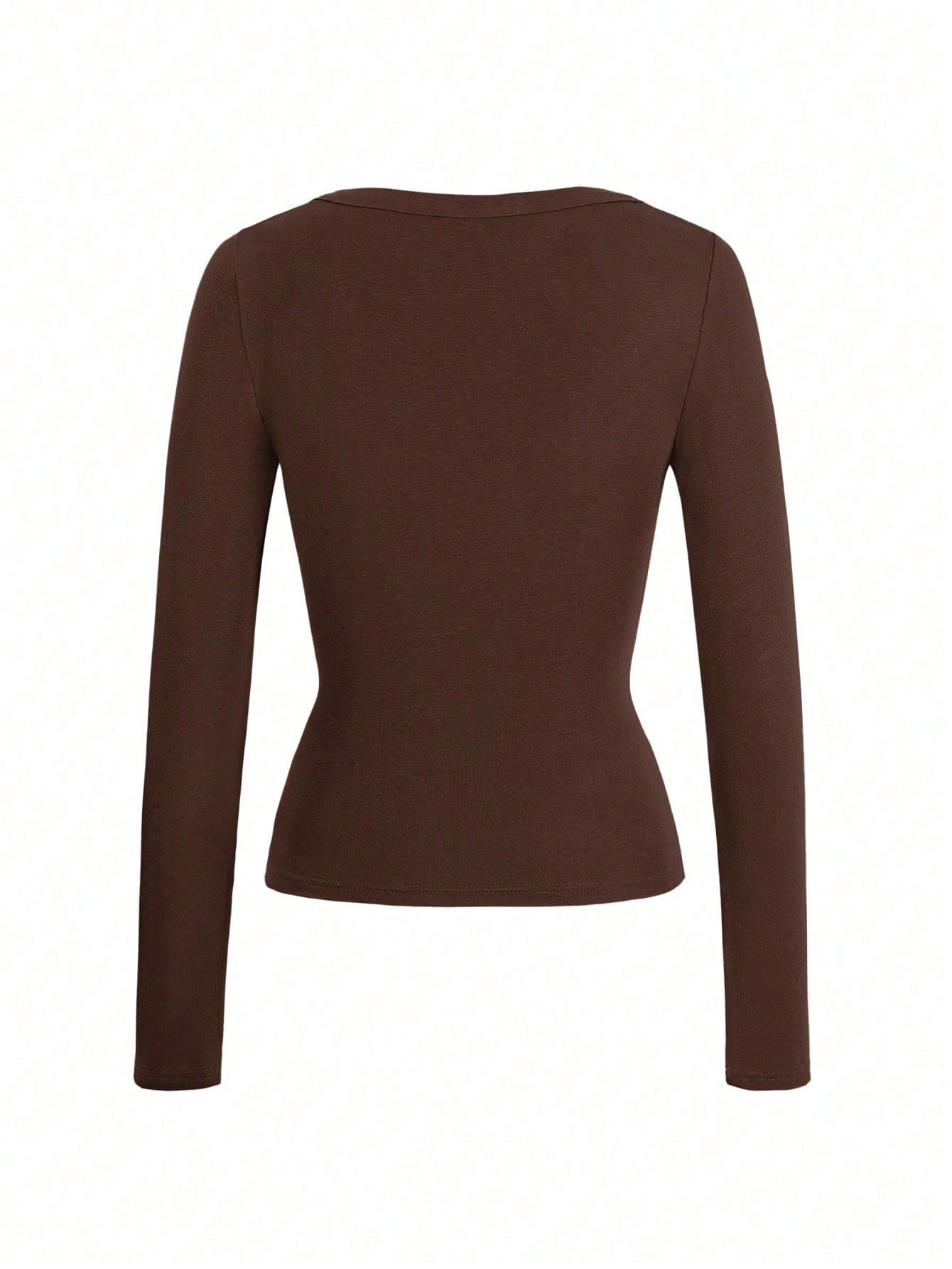 GLAMSKIN Women's Summer/Autumn Basic Striped Color Block Trim V-Neck Long Sleeve Top, Back To School/Outing/Streetwear Brown
