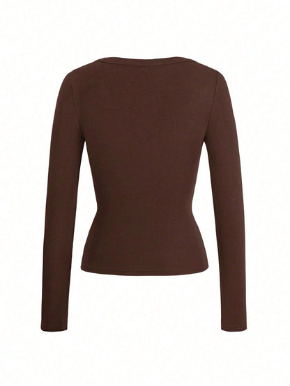 GLAMSKIN Women's Summer/Autumn Basic Striped Color Block Trim V-Neck Long Sleeve Top, Back To School/Outing/Streetwear Brown