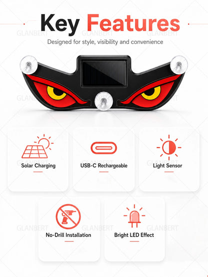GLANBERT Solar Powered LED Devil's Eye Triangle Window Decor Light, Suitable For Car, Motorcycle And Truck Decorative Lighting