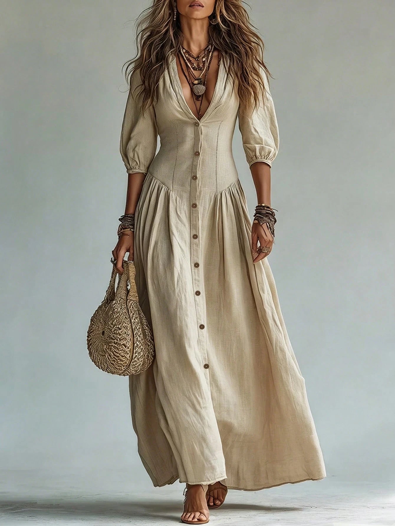 Glimmora Women's Fashion Solid Color Deep V-Neck Single-Breasted 3/4 Sleeve Long Dress