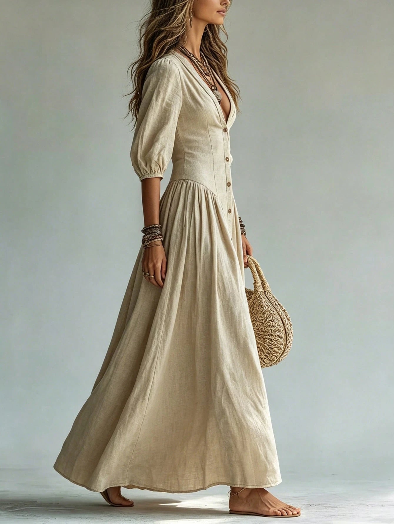 Glimmora Women's Fashion Solid Color Deep V-Neck Single-Breasted 3/4 Sleeve Long Dress