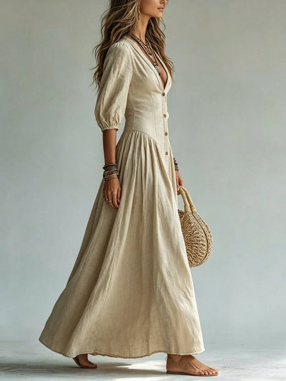 Glimmora Women's Fashion Solid Color Deep V-Neck Single-Breasted 3/4 Sleeve Long Dress