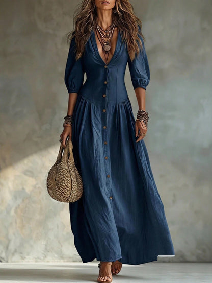 Glimmora Women's Fashion Solid Color Deep V-Neck Single-Breasted 3/4 Sleeve Long Dress