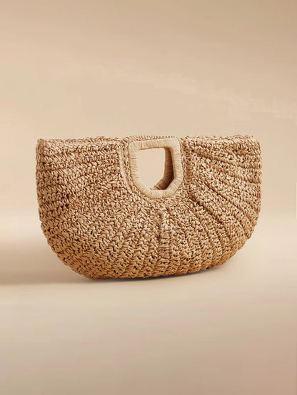 Glizzene 1pc Large Capacity Straw Woven Clutch Bag, Cloud Shaped Semi-Circle Design, Summer Travel Beach Bag For Daily Shopping, Straw Bag