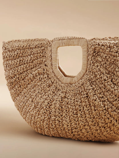 Glizzene 1pc Large Capacity Straw Woven Clutch Bag, Cloud Shaped Semi-Circle Design, Summer Travel Beach Bag For Daily Shopping, Straw Bag