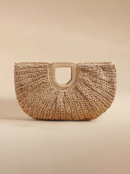 Glizzene 1pc Large Capacity Straw Woven Clutch Bag, Cloud Shaped Semi-Circle Design, Summer Travel Beach Bag For Daily Shopping, Straw Bag
