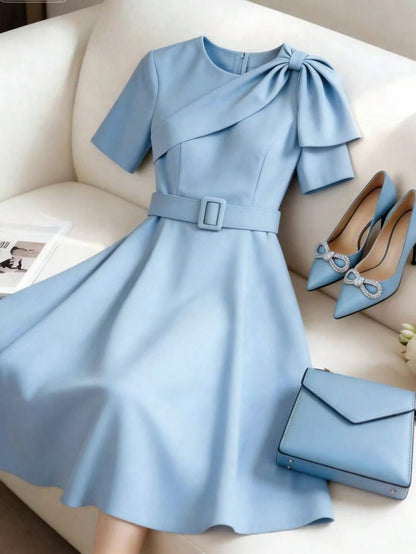 GlowEve Elegant Light Blue Summer A-Line Wrap Dress For Brunch,French Style Round Neck Short Bow Design Dress With Square Buckle Waistband For Office Work