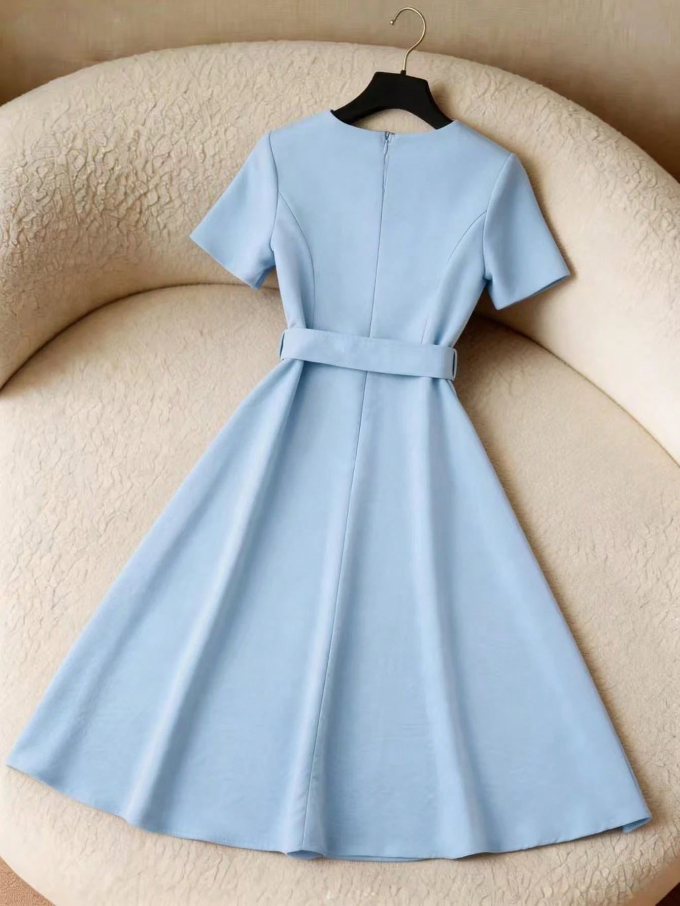 GlowEve Elegant Light Blue Summer A-Line Wrap Dress For Brunch,French Style Round Neck Short Bow Design Dress With Square Buckle Waistband For Office Work