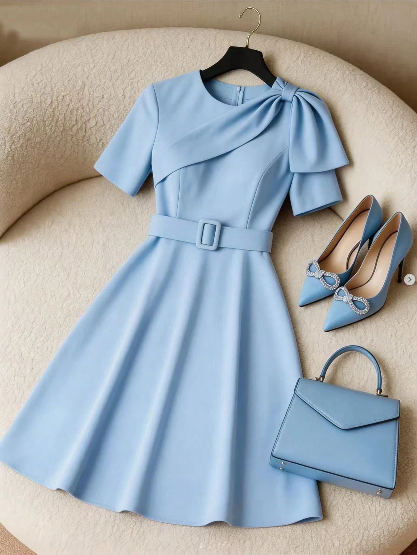 GlowEve Elegant Light Blue Summer A-Line Wrap Dress For Brunch,French Style Round Neck Short Bow Design Dress With Square Buckle Waistband For Office Work