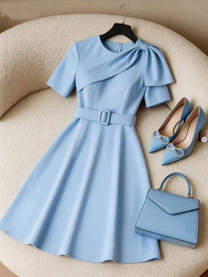 GlowEve Elegant Light Blue Summer A-Line Wrap Dress For Brunch,French Style Round Neck Short Bow Design Dress With Square Buckle Waistband For Office Work